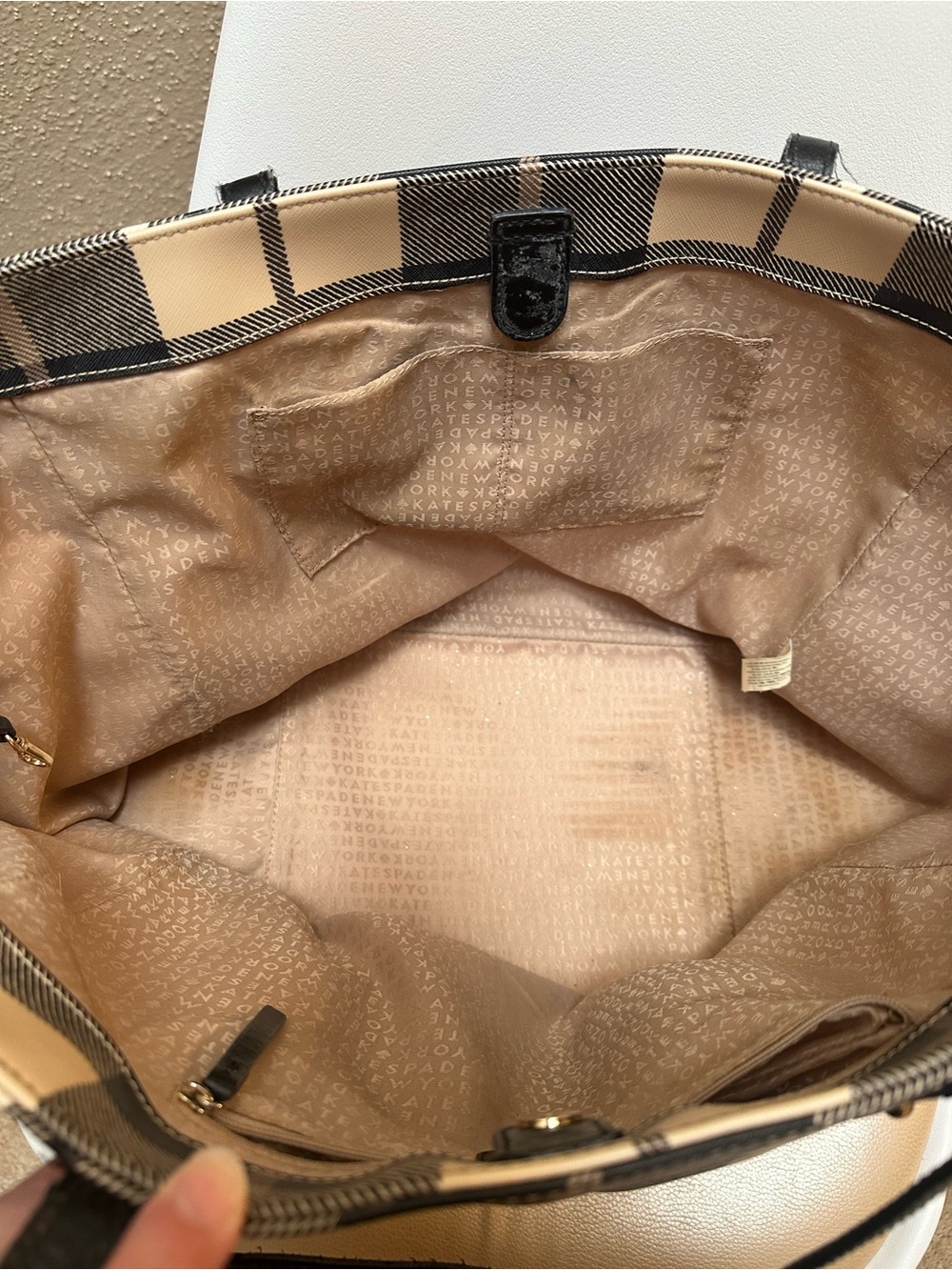 Kate Spade XL Plaid Allison Ave Sidney Tote Bag Purse Heritage Old Money Neutral - Picture 4 of 10